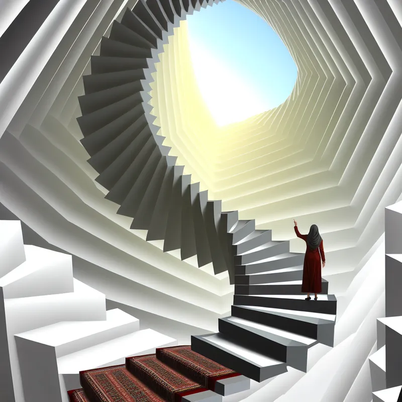 Persoon die met vertrouwen een onmogelijke trap opkijkt naar een heldere horizon, symbolisch voor hoop en vertrouwen in de toekomst in de stijl van M.C. Escher