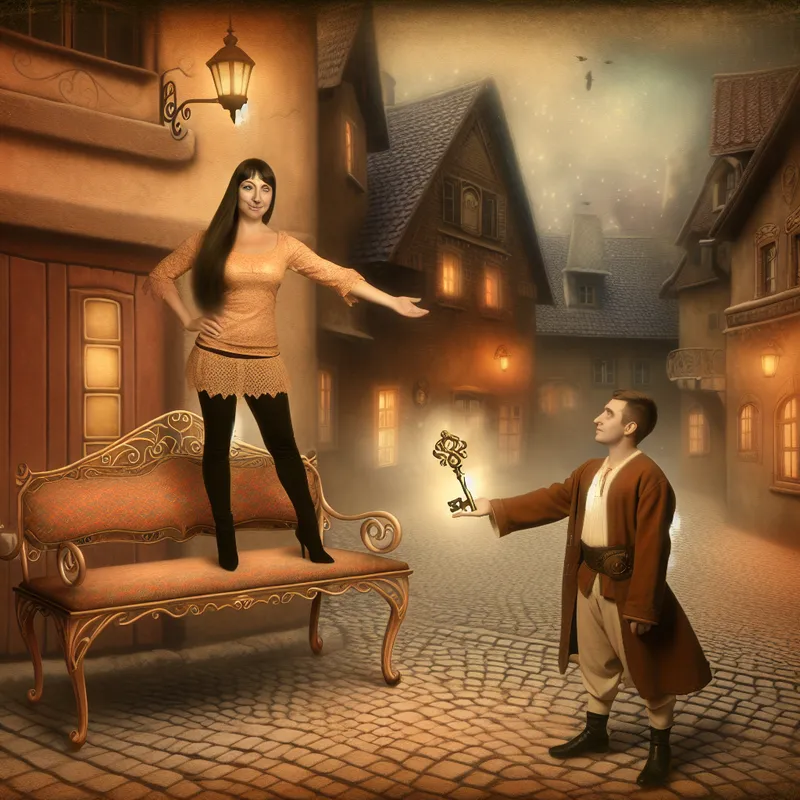 Illustratie van een persoon die vertrouwt op hulp van een ander, symbolisch weergegeven door een zwevende bank en een gloeiende sleutel in een nostalgisch dorp