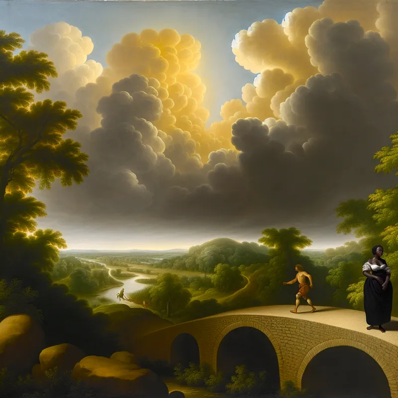 17e-eeuws Hollands landschap met persoon op stenen brug die uitkijkt naar figuur op pad, symboliserend vertrouwen en betrouwbaarheid