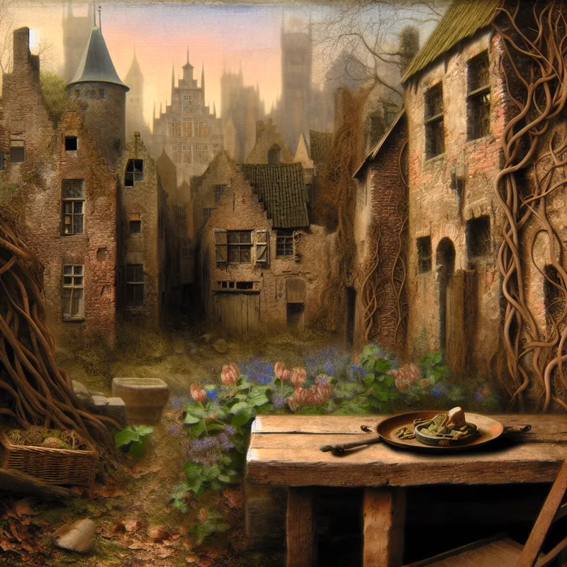Een vervallen dorp met middeleeuwse gebouwen en een verwelkte tuin