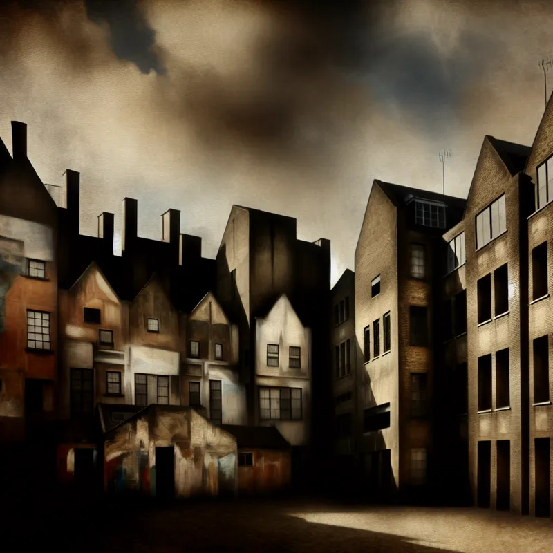 Een sombere stadscène met vervallen gebouwen tegen een bewolkte lucht.