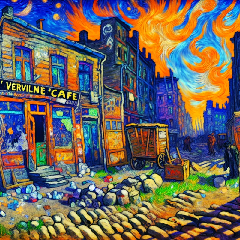 Vervallen stedelijke buurt met kromme gebouwen, graffiti, en een vervallen café.