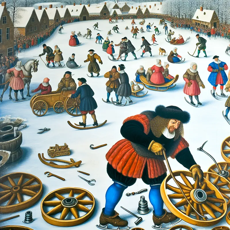 17e-eeuwse wintertafereel met monteur die wielen van oude slee vervangt door nieuwe glanzende exemplaren op bevroren ijsbaan bij dorp