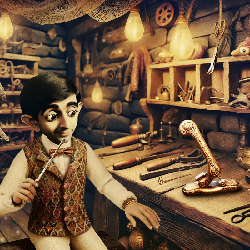 Vintage werkplaats met een ambachtsman die een gebroken gereedschap vergelijkt met een intact exemplaar, symboliserend vervanging of alternatief gebruik