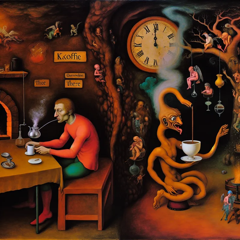 Surrealistisch tafereel in de stijl van Jheronimus Bosch waarin een persoon thee krijgt van een bizar wezen met een theepotkop, ter illustratie van het concept vervanging in taal en cultuur