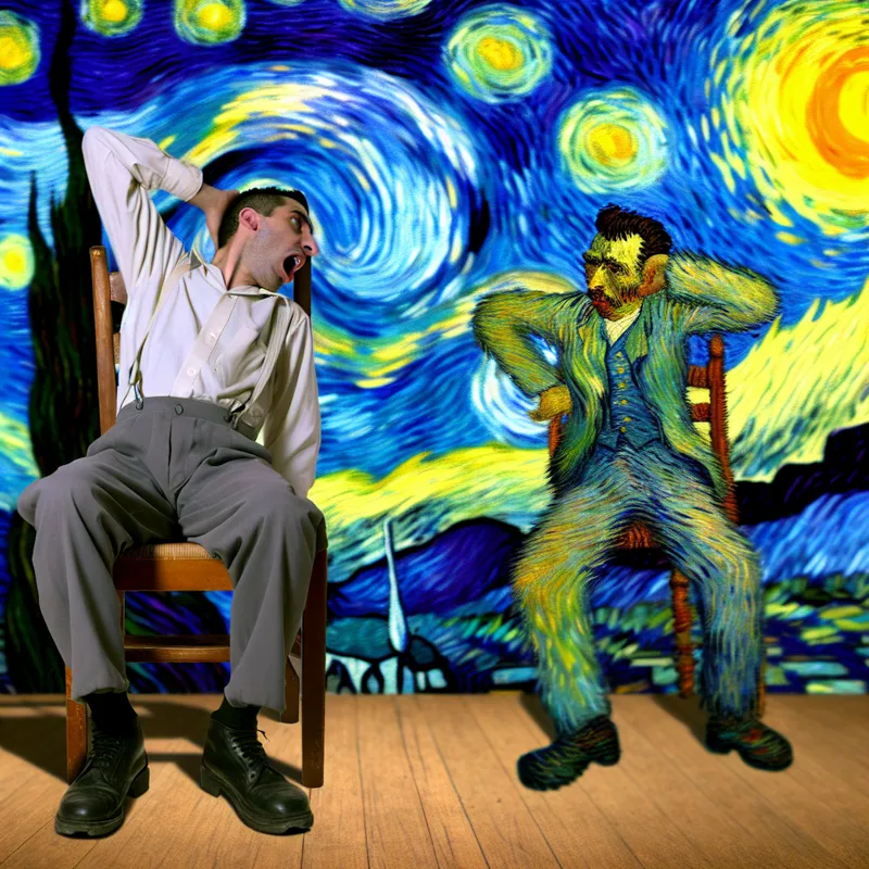 Een persoon die zich verveelt en fidgetend in een stoel zit, met oncomfortabele bewegingen en een chaotische achtergrond.