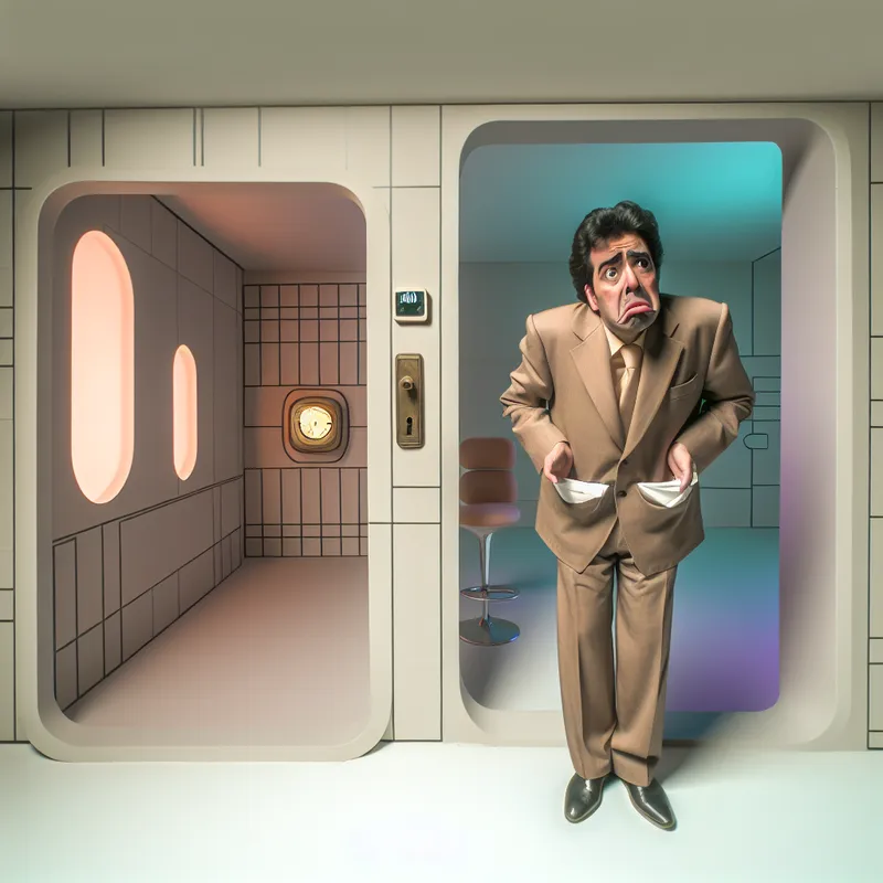 Retro-futuristische illustratie van een gefrustreerde man die zijn lege zakken binnenstebuiten keert, symboliserend voor een vervelende of lastige situatie zoals het verliezen van sleutels