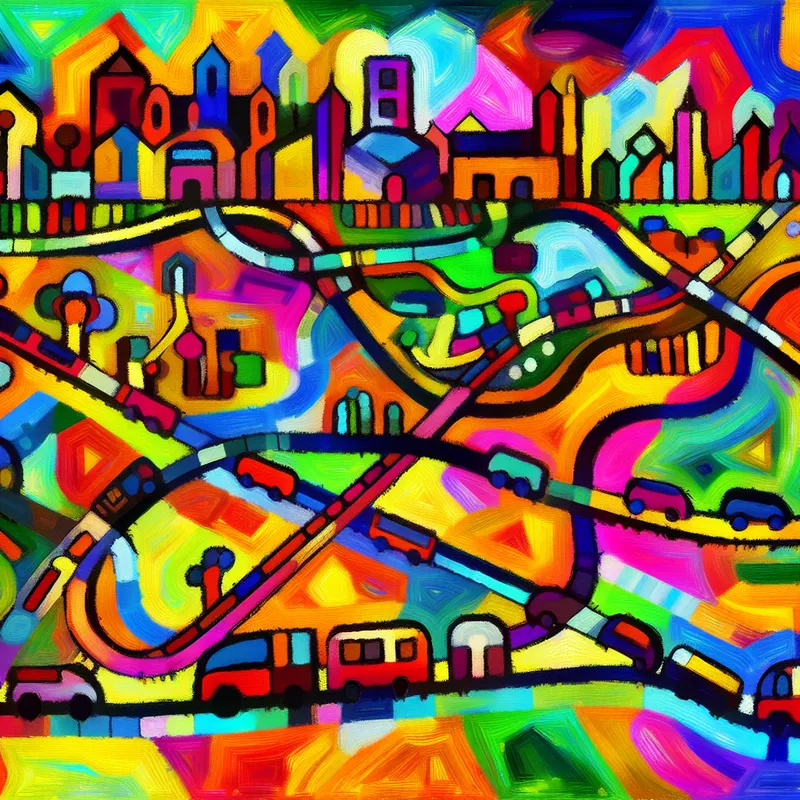 Abstracte afbeelding van een vervoersnetwerk dat verschillende kleurrijke steden verbindt met dynamische lijnen.