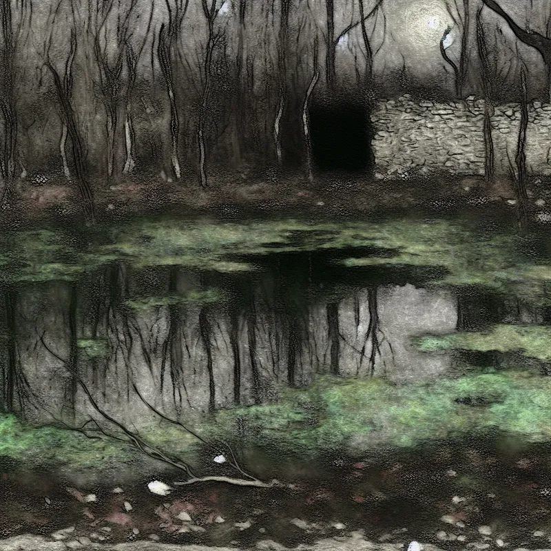 Stil leven van een vervuilde vijver met modderig water en verrotte bomen