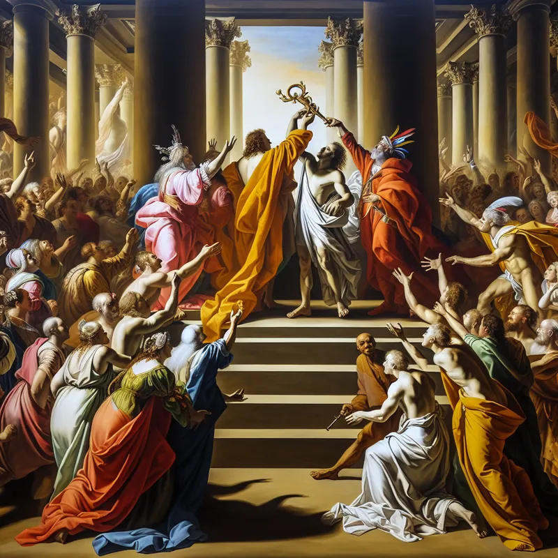 Barokke voorstelling van een triomfantelijke benoeming waarbij een persoon een symbolische sleutel of oorkonde ontvangt, omringd door een bewonderende menigte