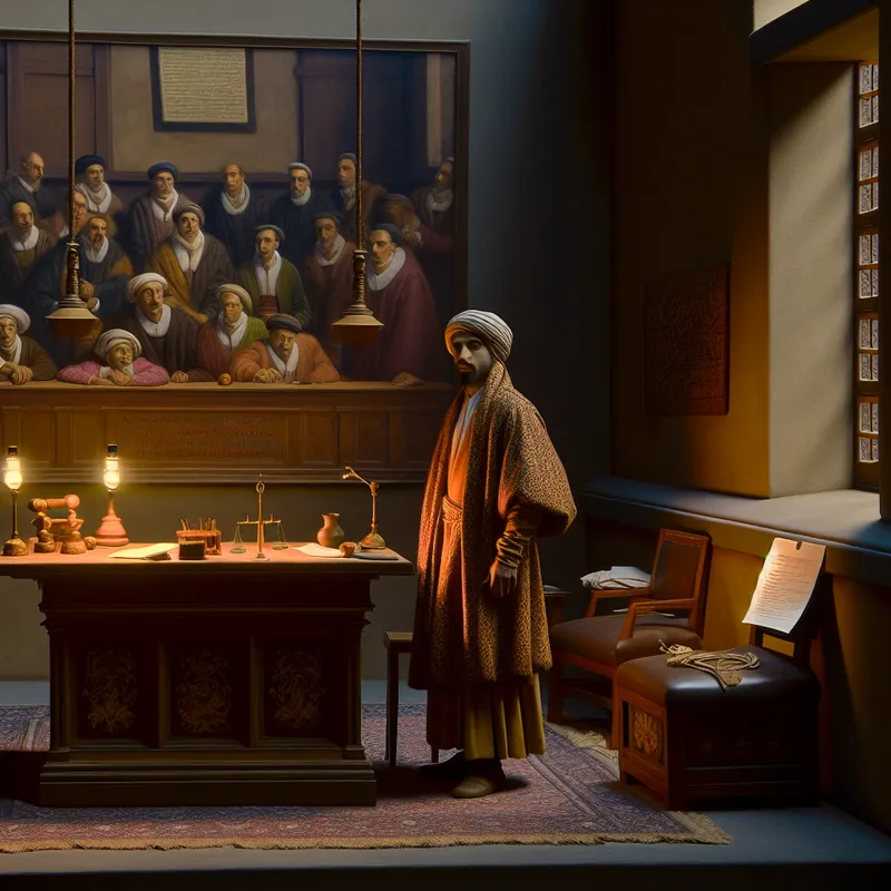 Serene scène in Vermeer-stijl van persoon die een sleutelrol vervult, omringd door symbolen van autoriteit en goedkeurende collega's in zacht licht