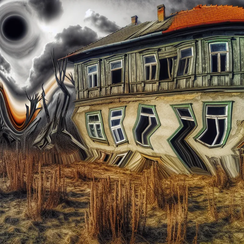 A neglected house in a dilapidated state with peeling paint and broken windows in a dark atmosphere.