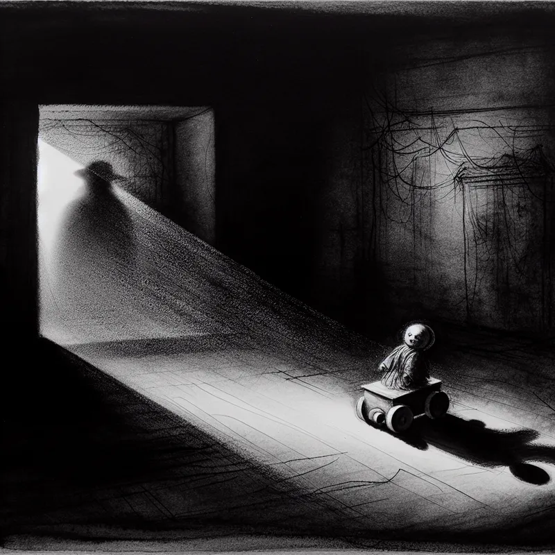 Een oude, vergeten speelgoedje in een donkere kamer beschenen door een enkele lichtstraal, omringd door spinnenwebben en schaduwen.