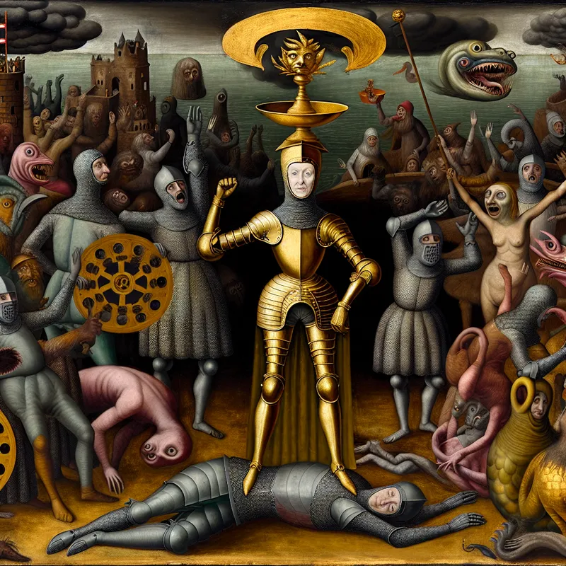 Surrealistische middeleeuwse toernooi-scène in de stijl van Jheronimus Bosch, met een glanzende ridder als verwachte winnaar omringd door hybride wezens en symbolische details
