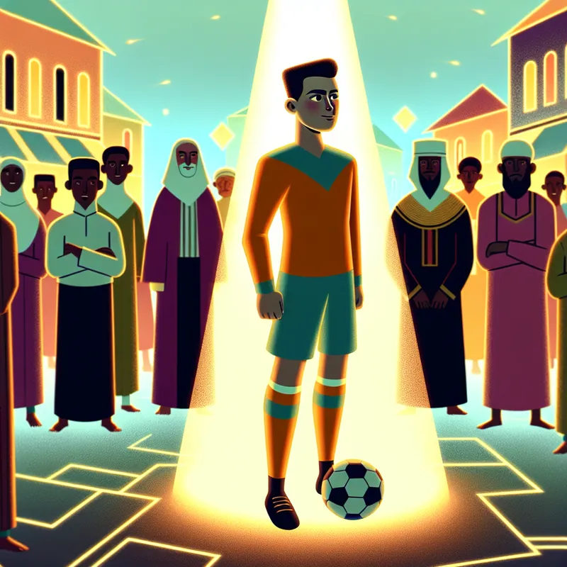 Jonge voetballer als verwachtingsträger in nostalgisch dorp met futuristische elementen, symbool van hoop en toekomst