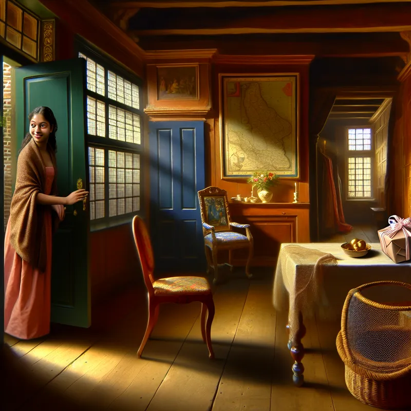 Jonge vrouw in een sfeervol Hollands interieur kijkt vol verwachting naar een mooi ingepakt cadeau op tafel, in de stijl van Vermeer