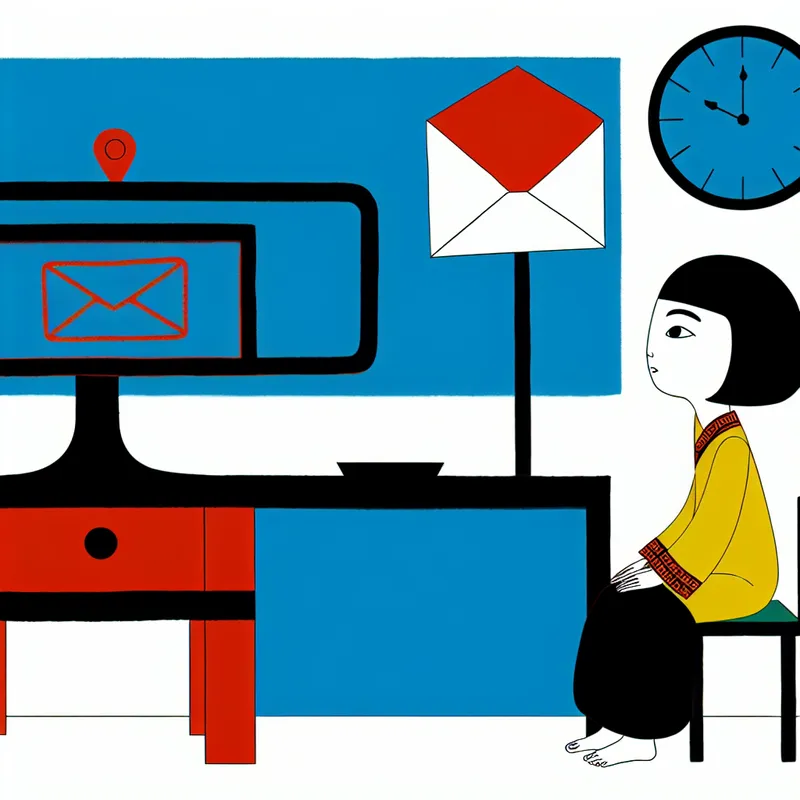 Minimalistische illustratie van een persoon die verwachtingsvol naar een ongeopende e-mail op een computer kijkt, met een klok op de achtergrond die wachten benadrukt