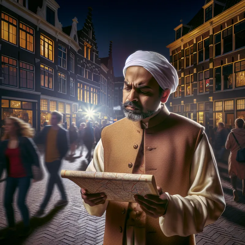 Nederlandse man kijkt bedachtzaam naar ingewikkelde kaart in drukke stadsstraat bij schemering