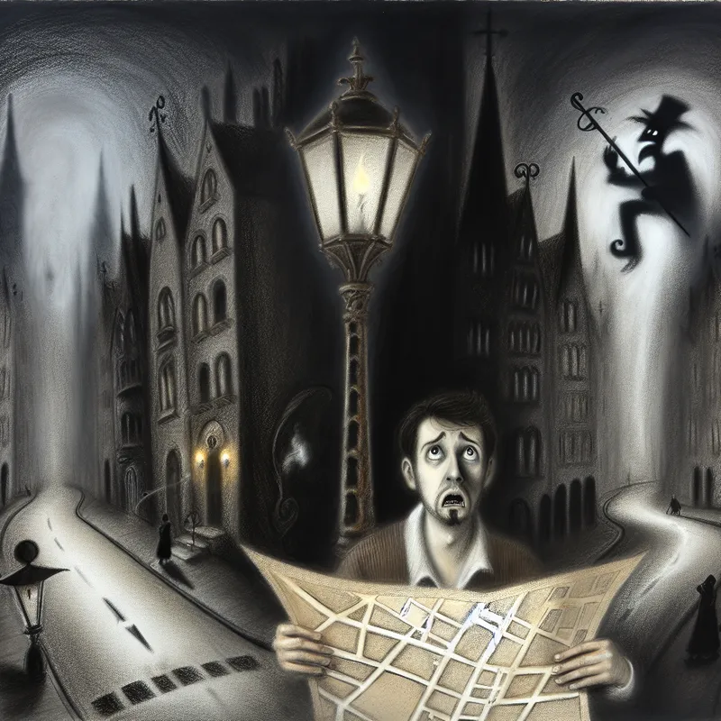 Een verwarde reiziger staat bij een splitsing in een sombere, gotische straat, met een kaart in zijn handen en een spookachtige figuur op de achtergrond.
