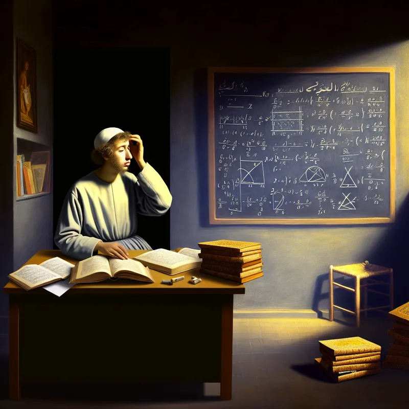 Jonge student kijkt verward naar complexe wiskundeboeken en formules in een zacht verlichte kamer.