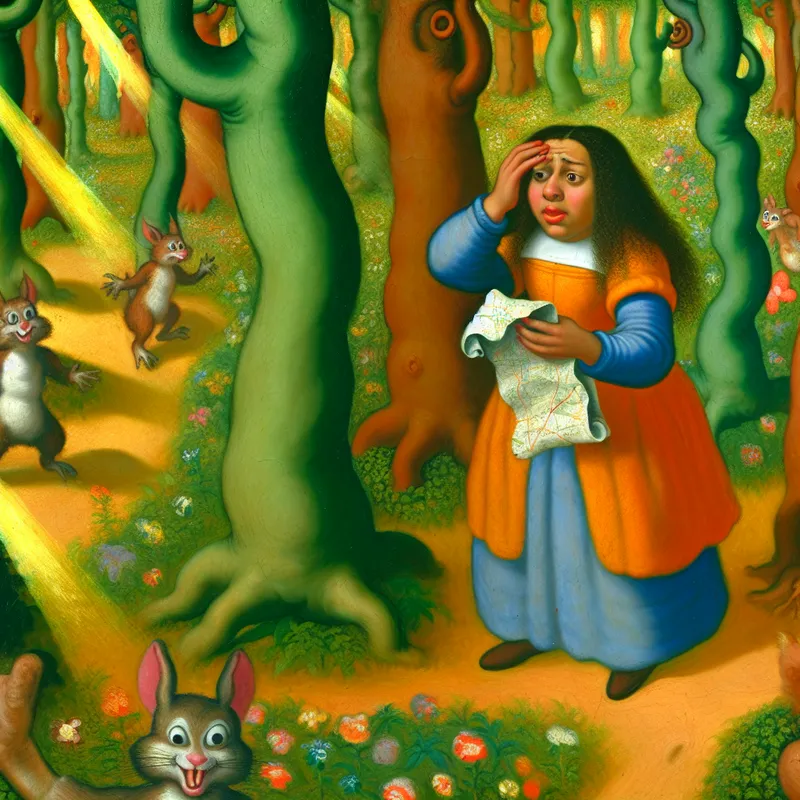 Een jonge vrouw in een kleurrijk bos lijkt verward en verloren met een verfrommeld kaartje in hand.