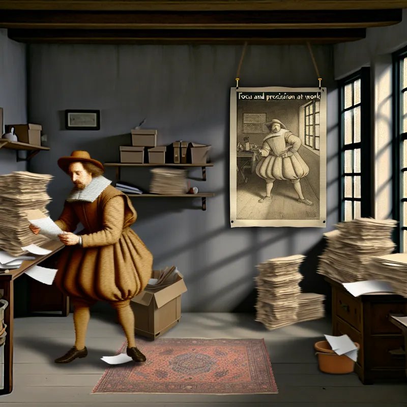 Verwarrende werknemer in een rommelig kantoor met fouten in zijn rapport