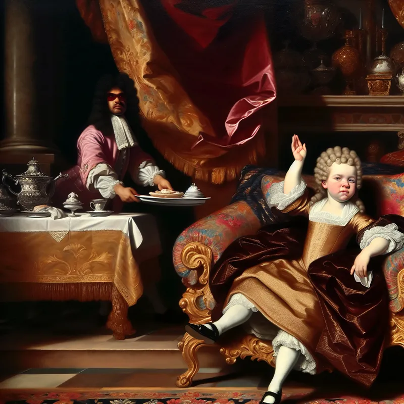 Barok schilderij van een verwend meisje dat zich te goed voelt voor gewoon werk, omringd door luxe in een 17e-eeuws interieur