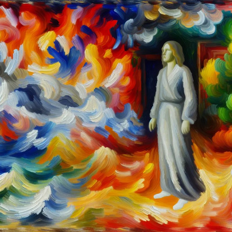 Abstract expressionistisch schilderij van een kalme persoon temidden van een kleurrijke, chaotische storm, symboliserend veerkracht bij het verwerken van emotionele uitdagingen