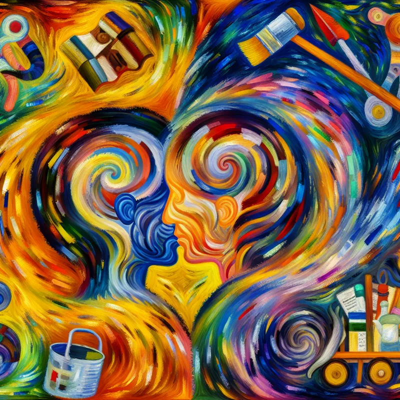 Twee figuren, een vertegenwoordiging van kindertijd en volwassenheid, zijn fysiek en emotioneel met elkaar verweven, in een kleurrijke en dynamische scène.