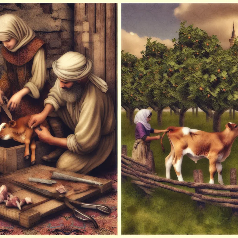 Boer verwijdert voorzichtig hoorns van kalveren in nostalgische plattelandsscène met snoeiende tuinman op achtergrond