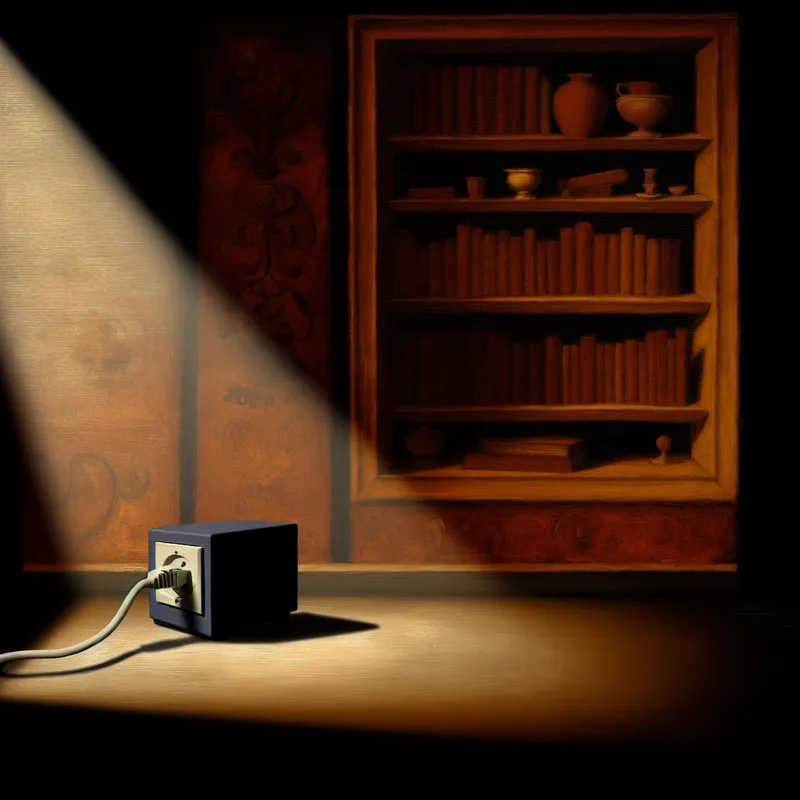 Een dramatisch verlichte ruimte met een ongeplugde elektrische appliance in de schijnwerpers, omringd door duisternis en silhouetten van boekenplanken.