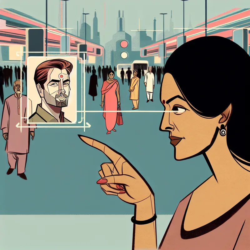 Illustratie van een persoon die subtiel naar zijn broer wijst in een drukke stad, als visuele metafoor voor verwijzen of doelen op iemand