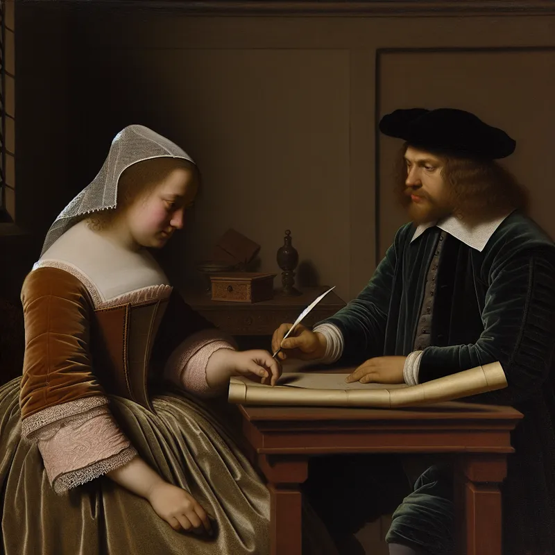 Twee personen in 17e-eeuwse Nederlandse setting bespreken een document en verwijzen naar een vorige gelegenheid met een ganzenveer