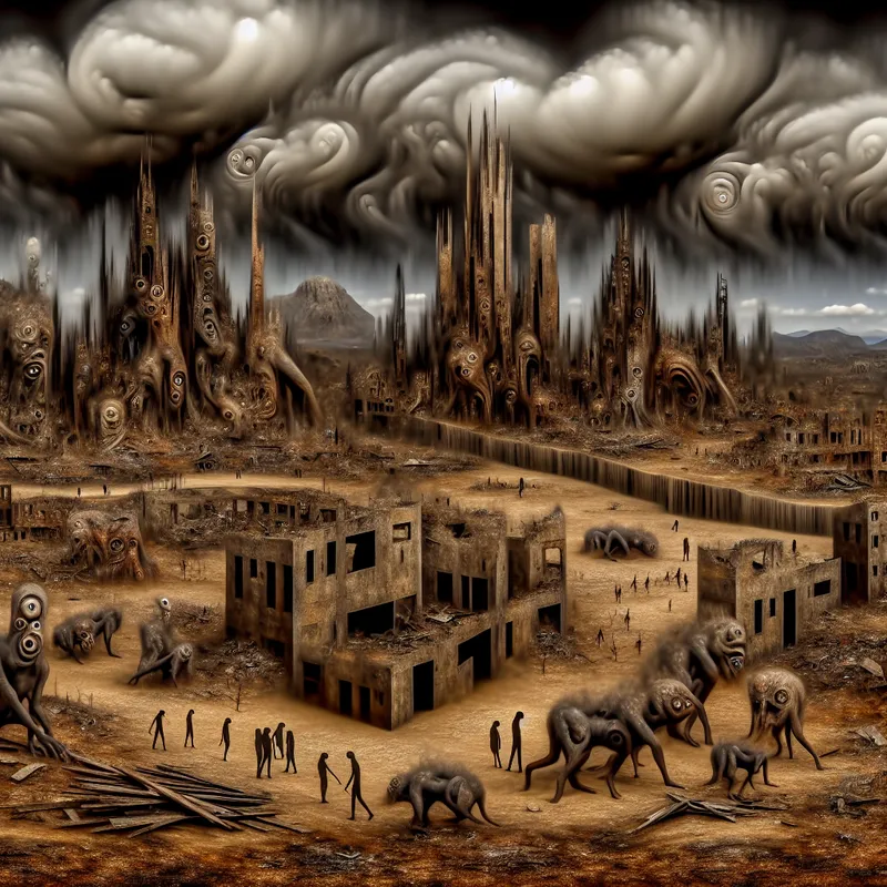 Surrealistisch tafereel van een verwoeste stad met bizarre wezens, in de stijl van Hieronymus Bosch, dat de chaos na een oorlog weergeeft.