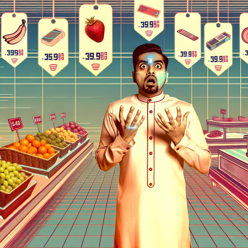 Persoon met verbaasde uitdrukking in een retro-futuristische winkel met extreem hoge prijskaartjes boven producten zoals fruit, elektronica en kleding