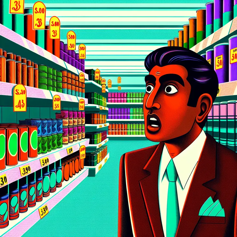 Persoon met verbaasde uitdrukking in supermarkt met hoge prijzen, retro-futuristische illustratie