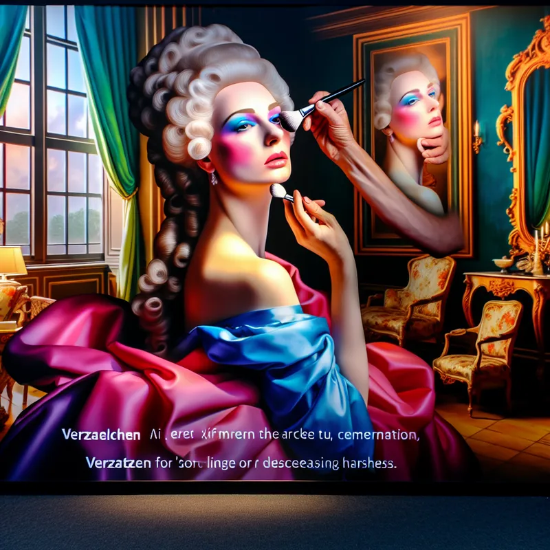 Barokke vrouw die donkere kringen onder haar ogen verzacht met make-up in een weelderige, dramatisch verlichte setting