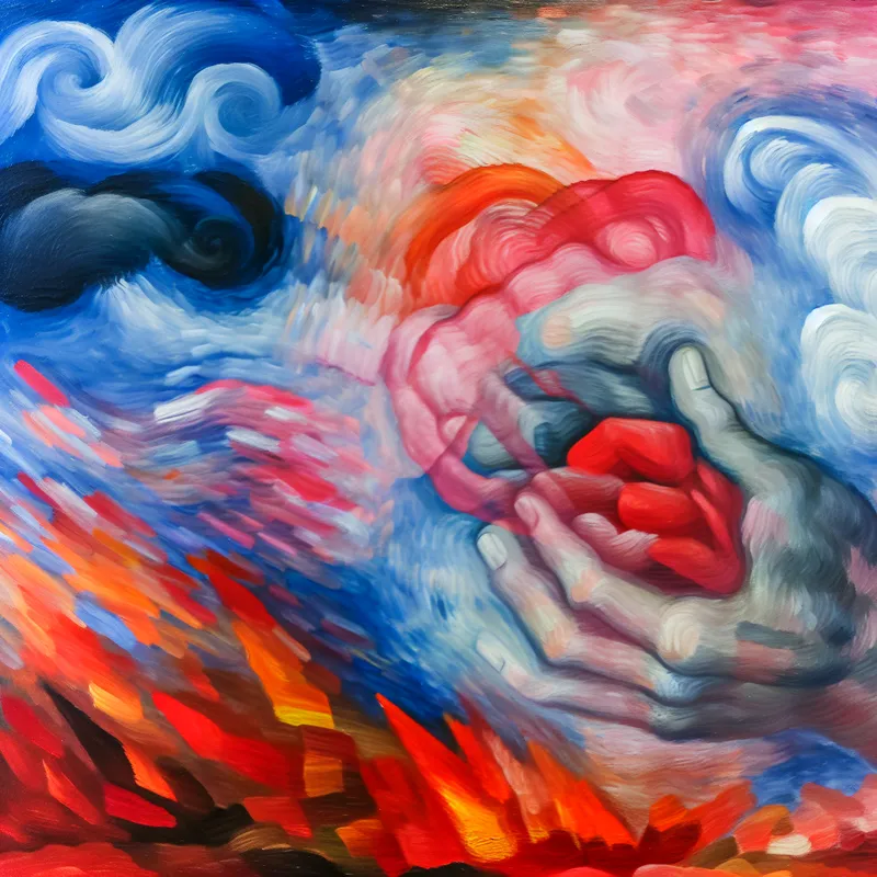 Abstract expressionistisch schilderij van een doorzichtige hand die een rode, pijnlijke vorm verzacht met dynamische kleuren en penseelstreken