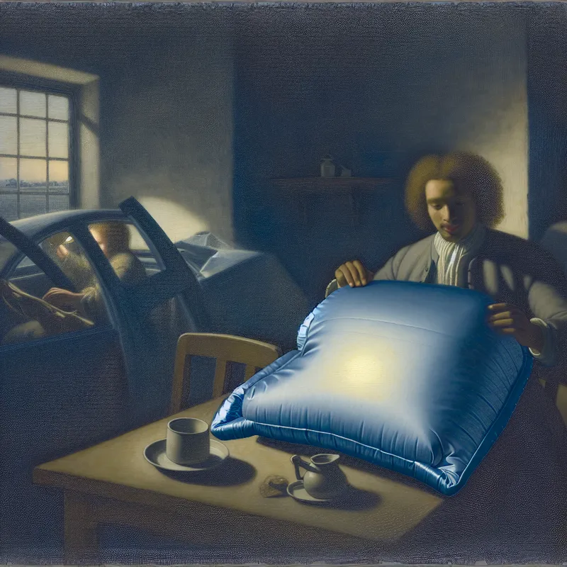 Moderne interieurscène met persoon die veiligheid ervaart dankzij een gedeeltelijk opgeblazen airbag, symboliserend het verzachten van gevolgen van een schok