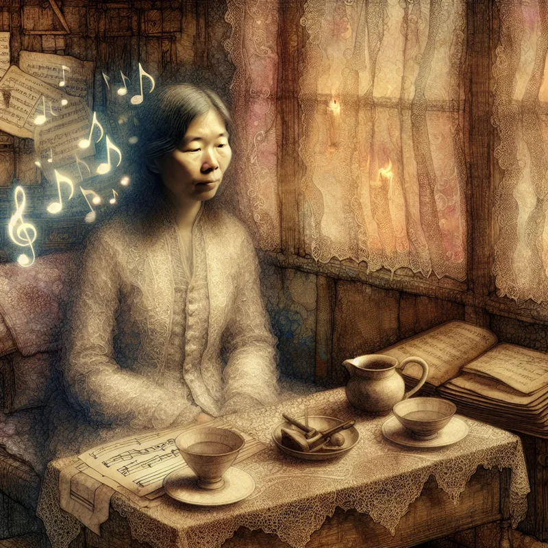 Persoon in nostalgische kamer vol emoties, omringd door zwevende muzieknoten en een kopje thee, gevoel van verzadiging uitstralend