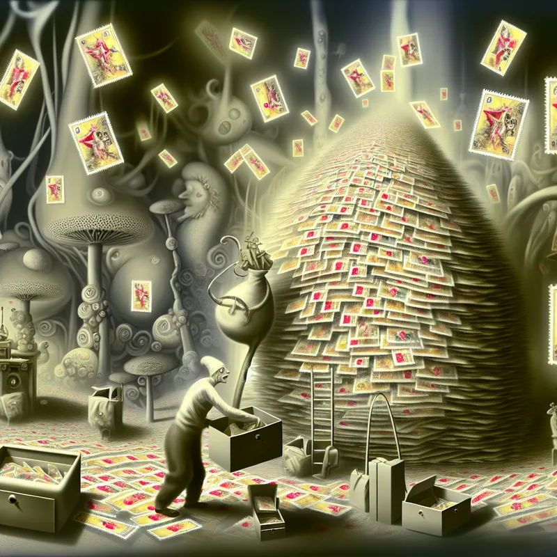 Surrealistisch tafereel van een excentriek figuur dat een enorme hoop gloeiende postzegels verzamelt, met microscopische wezens en symbolen in de stijl van Jheronimus Bosch