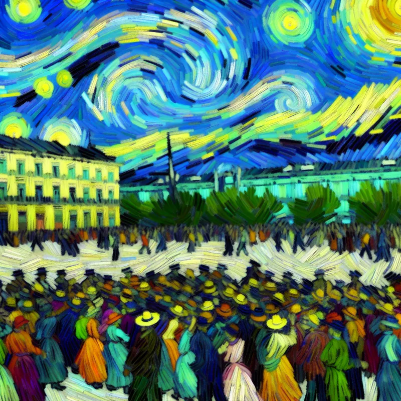 Drukke stadsplein met mensen die zich verzamelen voor een demonstratie, geschilderd in de expressieve stijl van Vincent van Gogh met levendige kleuren en zwierige penseelstreken