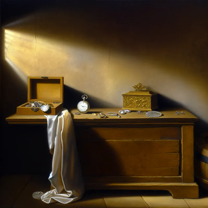 Stilleven van een verzameling gestolen spullen op een houten tafel, met een zakhorloge, sieraden en een zijden zakdoek, in de stijl van Vermeer