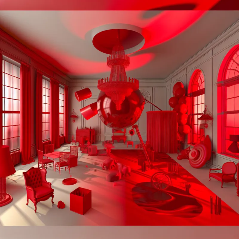 Hyper-realistische kamer gevuld met verschillende rode voorwerpen, waaronder meubels, speelgoed en gordijnen
