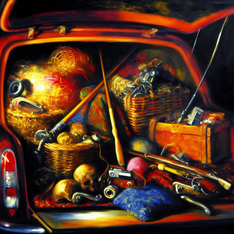 Dynamische schilderij in de stijl van Frans Hals van een overvolle autokofferbak met een chaotische verzameling vreemde voorwerpen, waaronder gereedschap, pakketjes en persoonlijke spullen