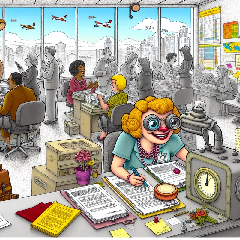 Kleurrijke cartoon van een levendig verzekeringskantoor met vrolijke medewerkers die polissen verwerken en claims bespreken, in de stijl van Marten Toonder