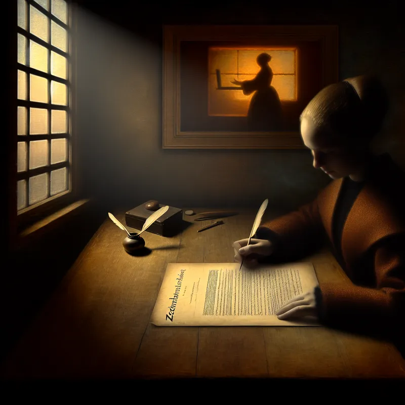 Een persoon leest een verzekeringsovereenkomst aan een houten tafel met een schaduwachtige figuur op de achtergrond die de gevaren van het leven vertegenwoordigt.