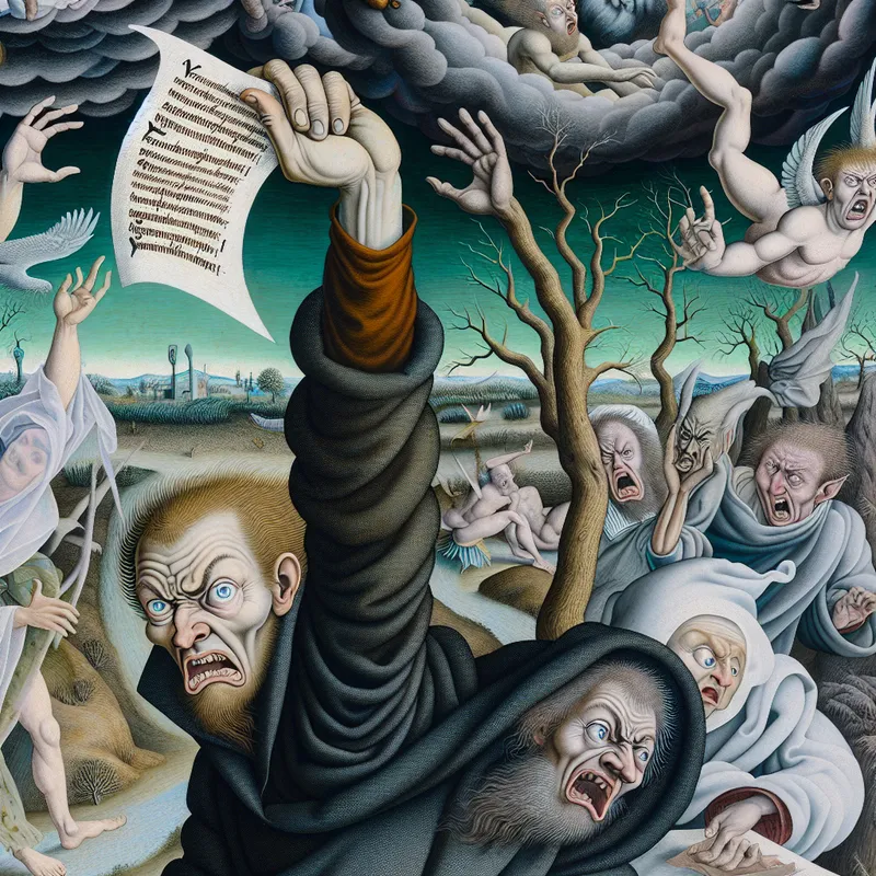 Man met intense uitstraling schudt hoofd terwijl hij een papier vasthoudt dat een afgewezen suggestie symboliseert, omringd door bizarre wezens die verschillende facetten van verzet uitdrukken.