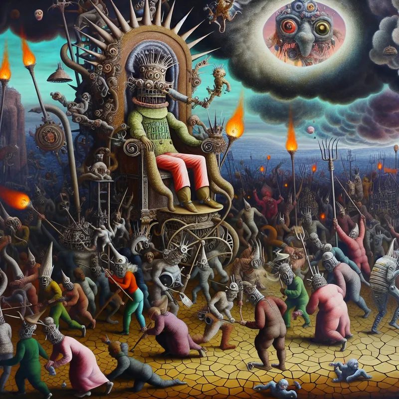 Surrealistisch tafereel van een opstand tegen een groteske dictator, geïnspireerd op Hieronymus Bosch, met symbolische elementen van verzet en vrijheidsstrijd