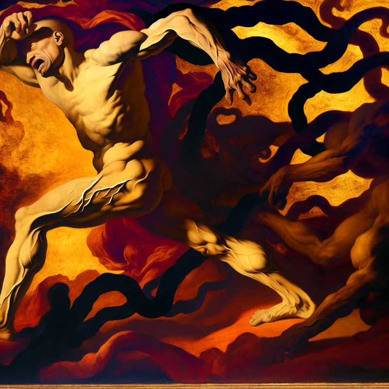 Krachtige man verzet zich tegen donkere vermoeidheid in barokke stijl, symbool voor weerstand tegen uitputting